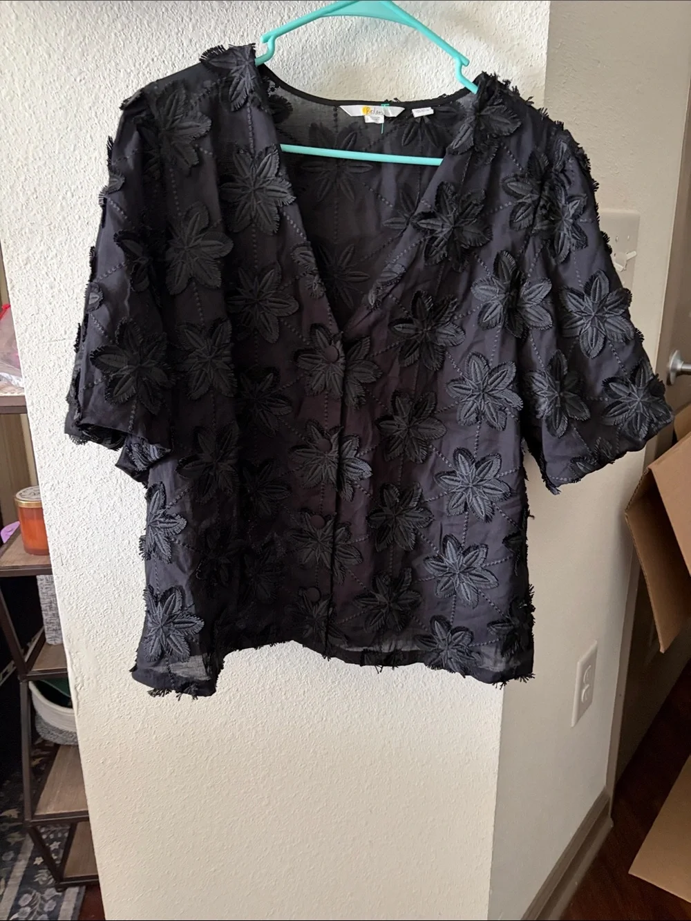 Boden Black Floral Appliqué V-Neck Top